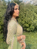 Load image into Gallery viewer, ETHEREAL REFLECTIONS - HAND EMBROIDERED GREEN MIRROR WORK LEHENGA
