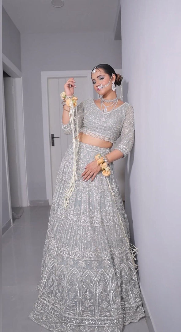 Elegance Unveiled: The Grey Net Reception Lehenga