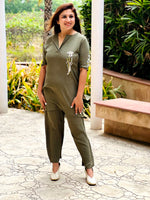 Load image into Gallery viewer, Elegant Olive Green Moss Crepe Co-ord Set with Floral Embroidery
