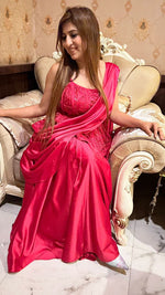 Load image into Gallery viewer, Elegant Pink Armani Satin Drape Saree with Hand-Embroidered Peplum Corset Blouse
