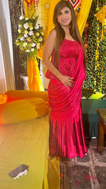 Load image into Gallery viewer, Elegant Pink Armani Satin Drape Saree with Hand-Embroidered Peplum Corset Blouse
