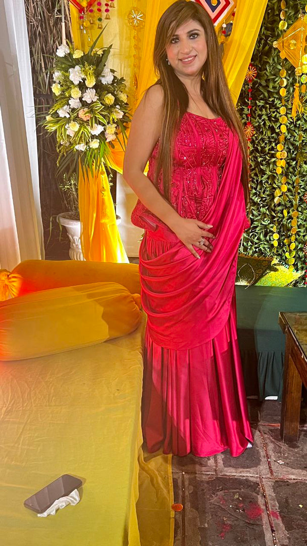 Elegant Pink Armani Satin Drape Saree with Hand-Embroidered Peplum Corset Blouse