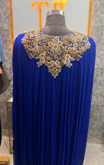 Load image into Gallery viewer, Elegance in Royal Blue: The Viscose Georgette Ruched Cape Gown
