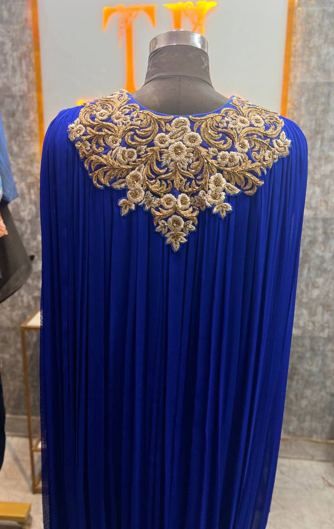 Elegance in Royal Blue: The Viscose Georgette Ruched Cape Gown