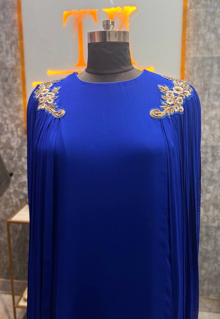 Elegance in Royal Blue: The Viscose Georgette Ruched Cape Gown