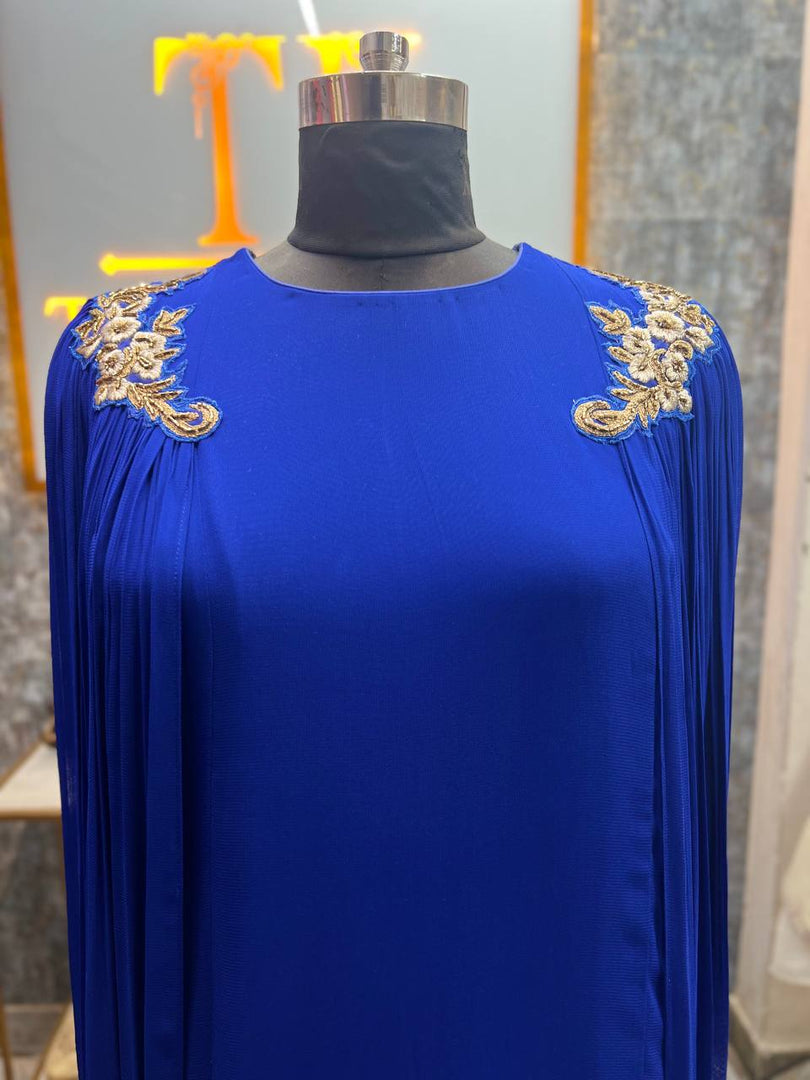 Elegance in Royal Blue: The Viscose Georgette Ruched Cape Gown