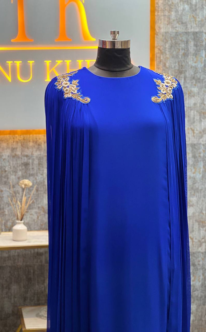 Elegance in Royal Blue: The Viscose Georgette Ruched Cape Gown