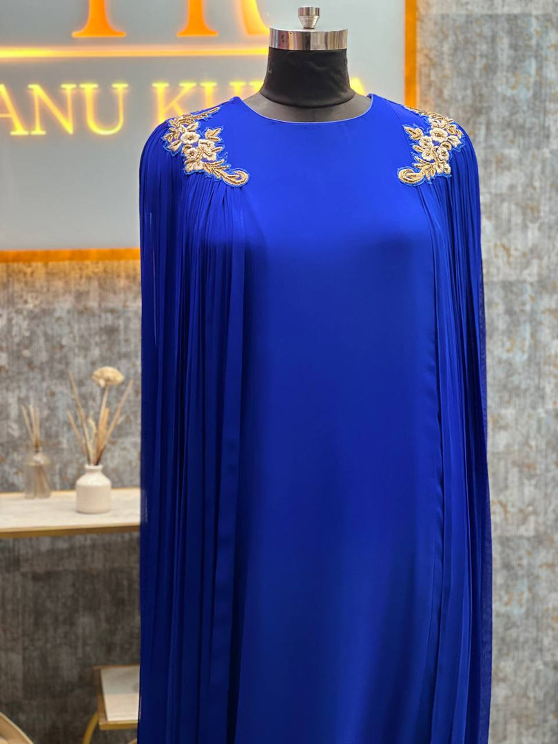 Elegance in Royal Blue: The Viscose Georgette Ruched Cape Gown