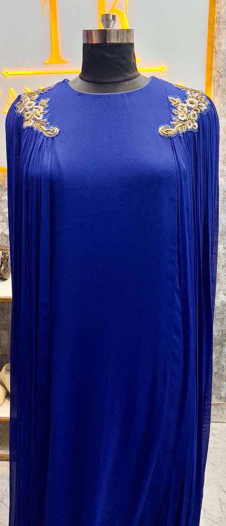 Elegance in Royal Blue: The Viscose Georgette Ruched Cape Gown