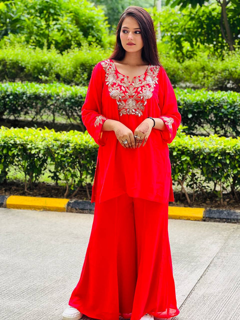 Radiant Coral Orange Georgette Sharara Suit with Exquisite Rose Gold Embroidery