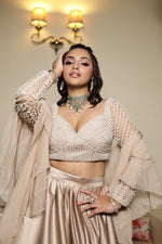 Load image into Gallery viewer, Elegant Pearl Embroidery Blouse with Satin Skirt and Ruffle Dupatta | Tanu Khera Designs
