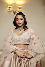 Load image into Gallery viewer, Elegant Pearl Embroidery Blouse with Satin Skirt and Ruffle Dupatta | Tanu Khera Designs
