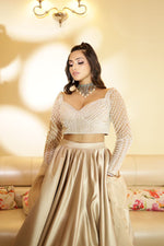 Load image into Gallery viewer, Elegant Pearl Embroidery Blouse with Satin Skirt and Ruffle Dupatta | Tanu Khera Designs
