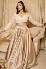 Load image into Gallery viewer, Elegant Pearl Embroidery Blouse with Satin Skirt and Ruffle Dupatta | Tanu Khera Designs
