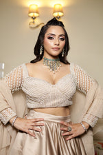 Load image into Gallery viewer, Elegant Pearl Embroidery Blouse with Satin Skirt and Ruffle Dupatta | Tanu Khera Designs
