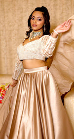 Load image into Gallery viewer, Elegant Pearl Embroidery Blouse with Satin Skirt and Ruffle Dupatta | Tanu Khera Designs
