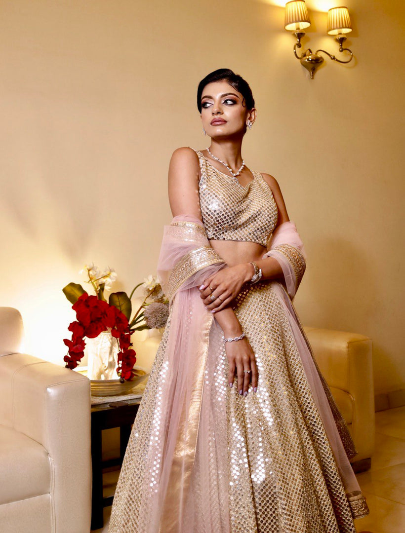 Golden Glamour: Heavy Sequins Embroidered Lehenga with Organza Dupatta