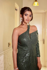 Load image into Gallery viewer, Opulent Glamour: One Shoulder Sequins Embroidered Gown with Stylish Neckline
