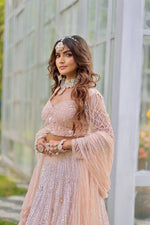 Load image into Gallery viewer, Majestic Splendor: Peach Net Lehenga with Sequins, Beads, Crystals, and Stone Embroidery
