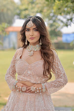 Load image into Gallery viewer, Majestic Splendor: Peach Net Lehenga with Sequins, Beads, Crystals, and Stone Embroidery
