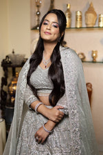 Load image into Gallery viewer, The Grey Net Reception Lehenga: A Bridal Dream by Tanu Khera Designs
