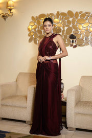 Vine Silk Georgette Draped Saree Gown with Sequins Embroidered Blouse